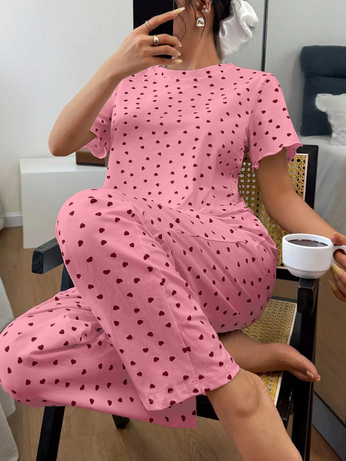 Polka Dot Short Sleeve Top and Shorts Set – White / Pink - photo 6