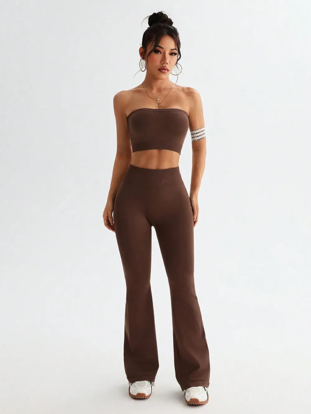 Tube Top and High Waist Flare Pants Active Set Secondary image