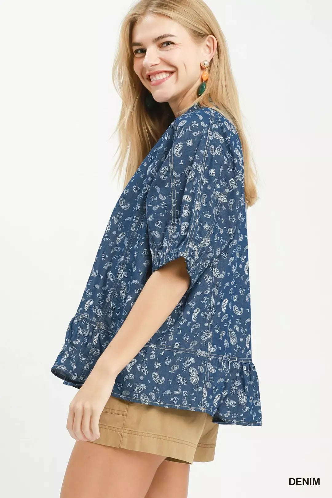 Umgee Paisley Print Chambray Top Secondary image
