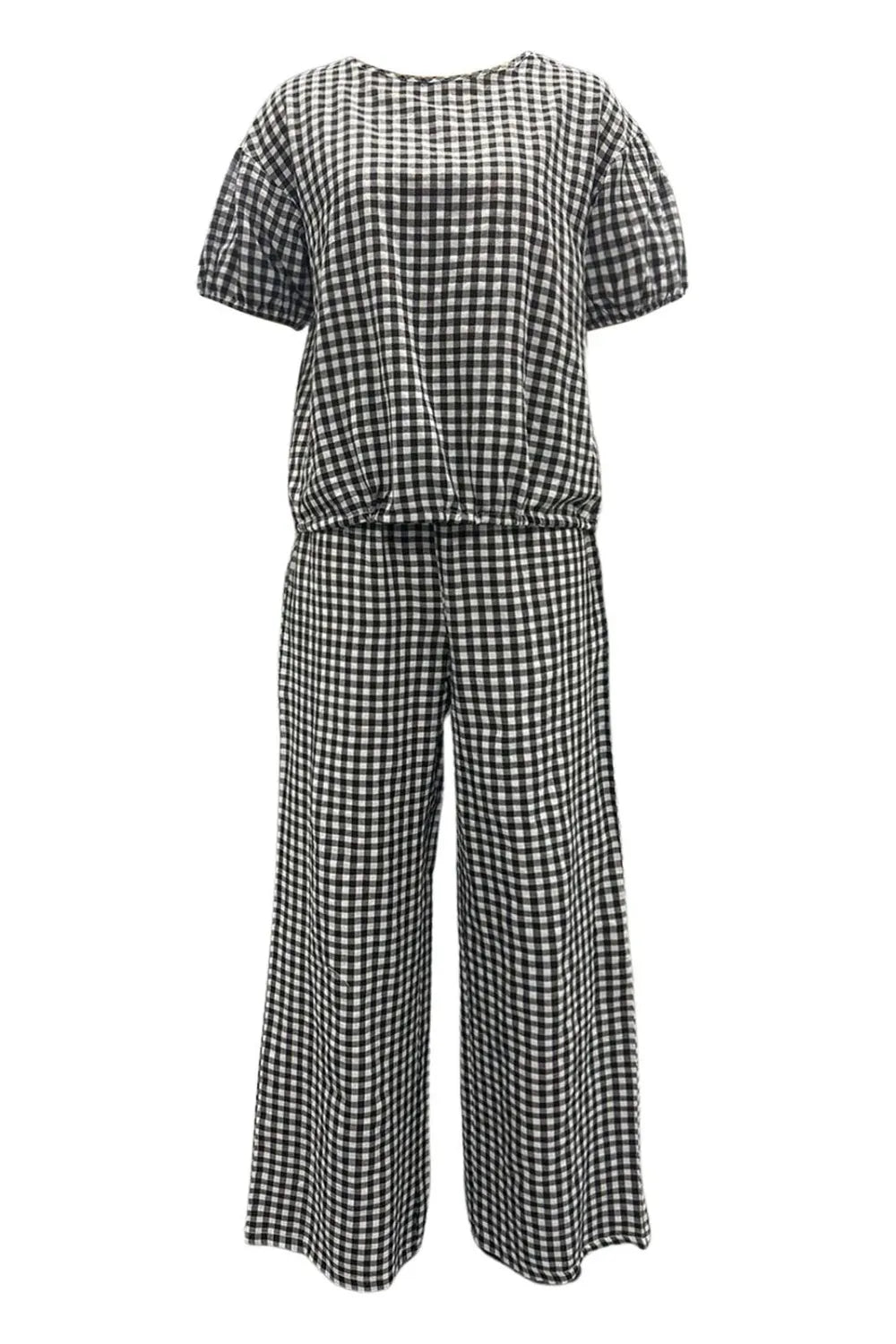 Full Size Plaid Round Neck Half Sleeve Top and Pants Set Secondary image