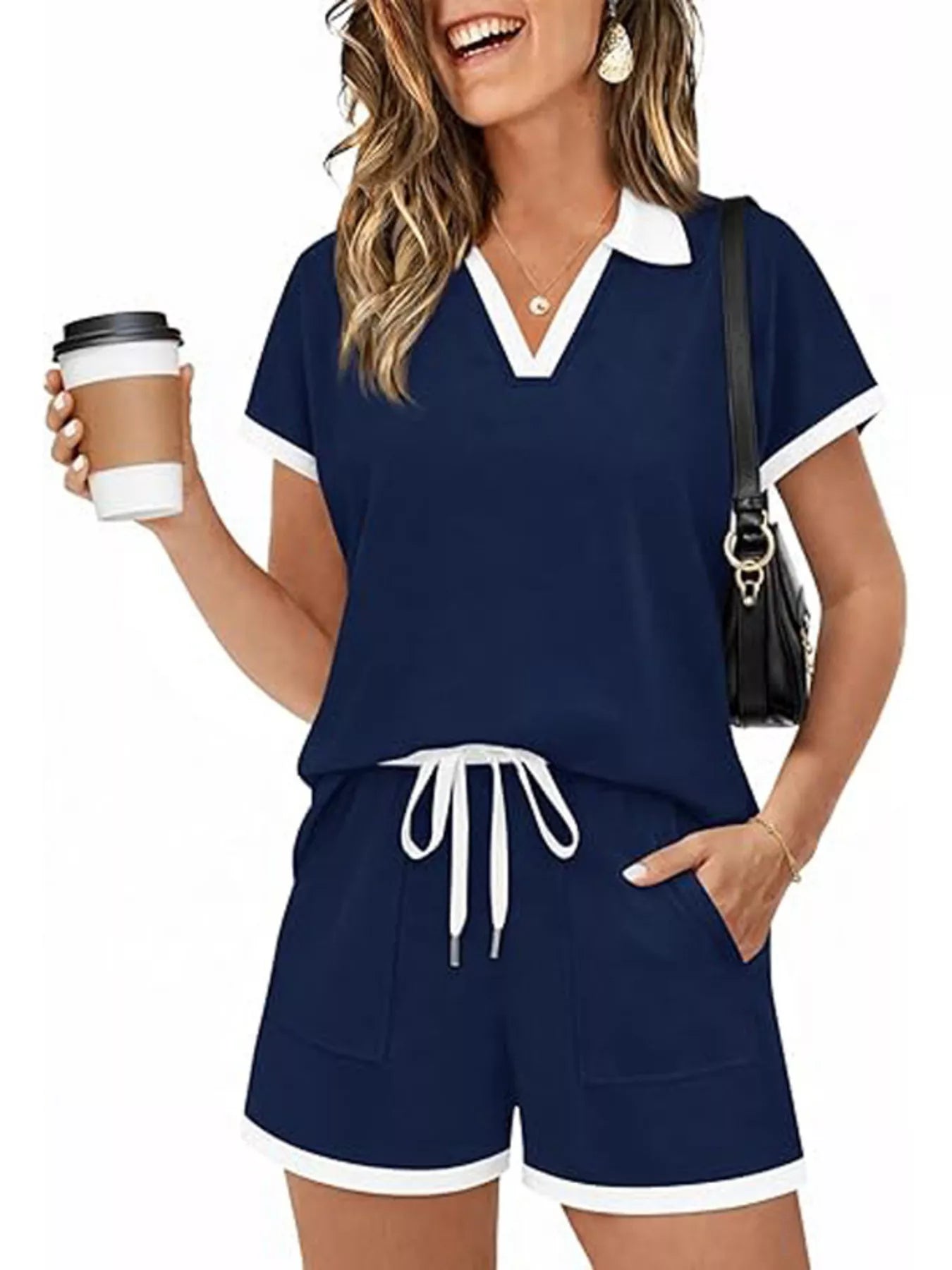 Polo Collar Short Sleeve Top and Shorts Set Secondary image