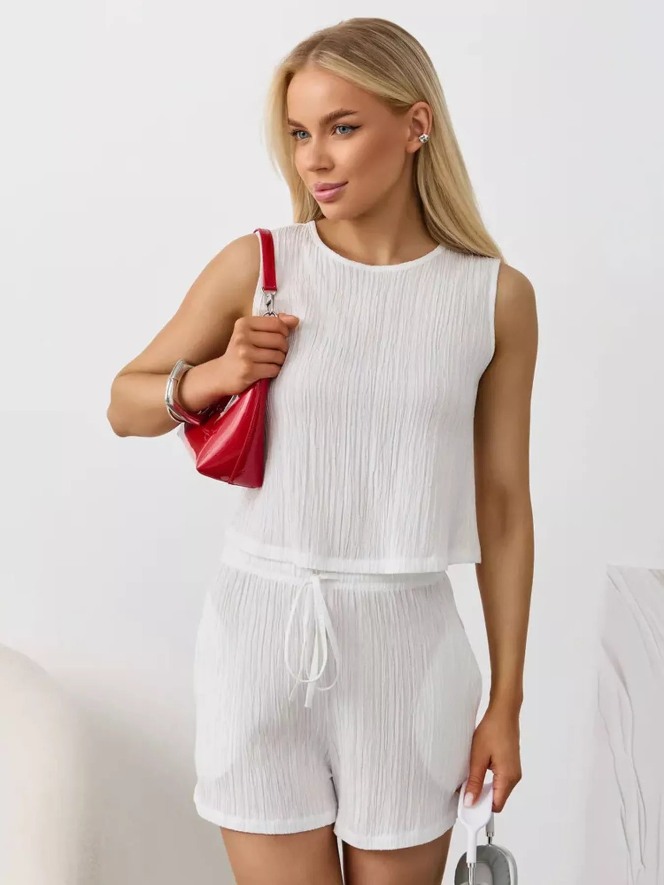 Textured Round Neck Tank and Shorts Set Secondary image