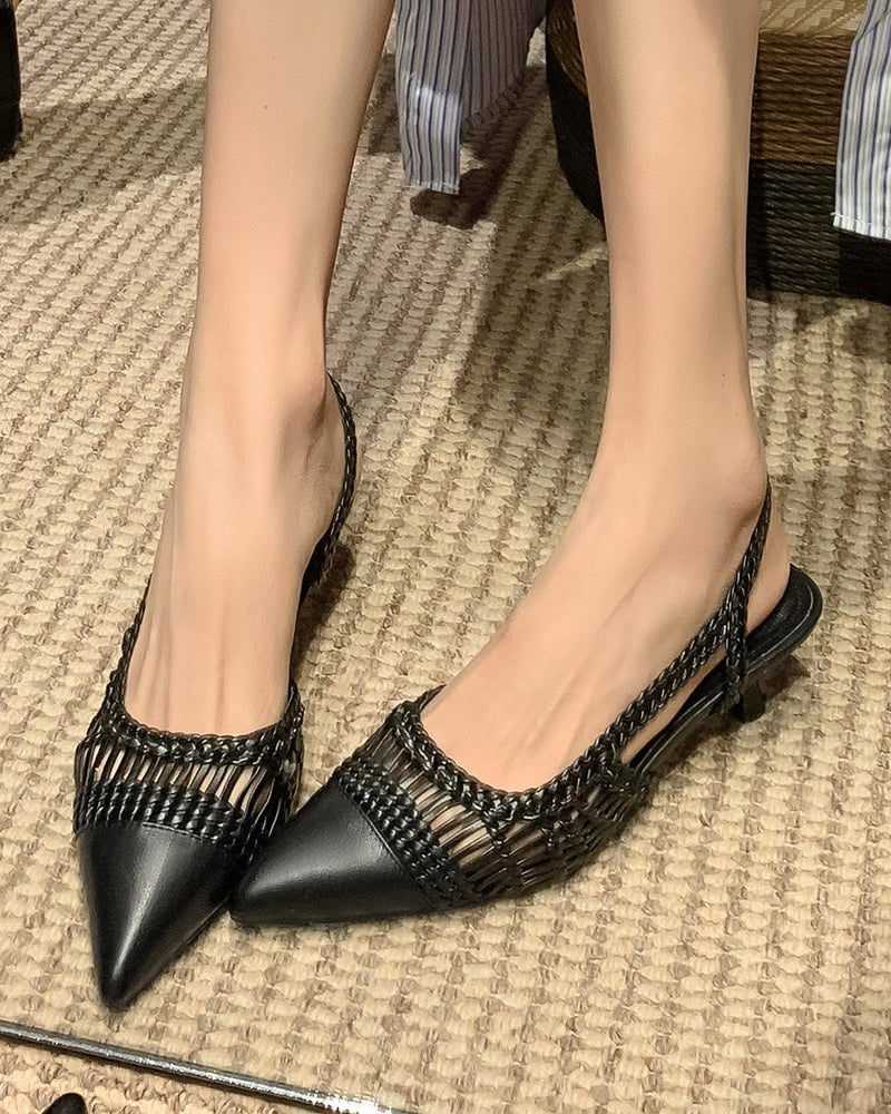 Woven Rattan Mesh Design Slingback Kitten Heel Sandals