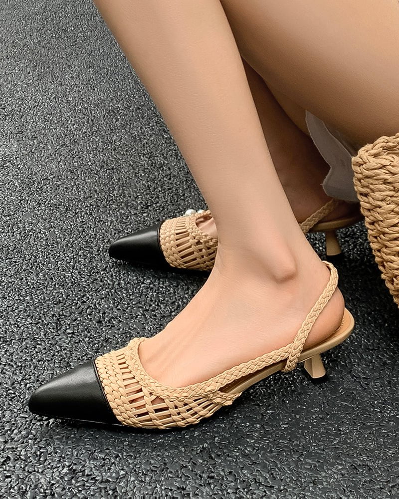 Woven Rattan Mesh Design Slingback Kitten Heel Sandals