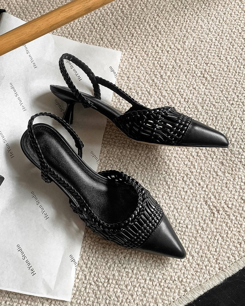 Woven Rattan Mesh Design Slingback Kitten Heel Sandals