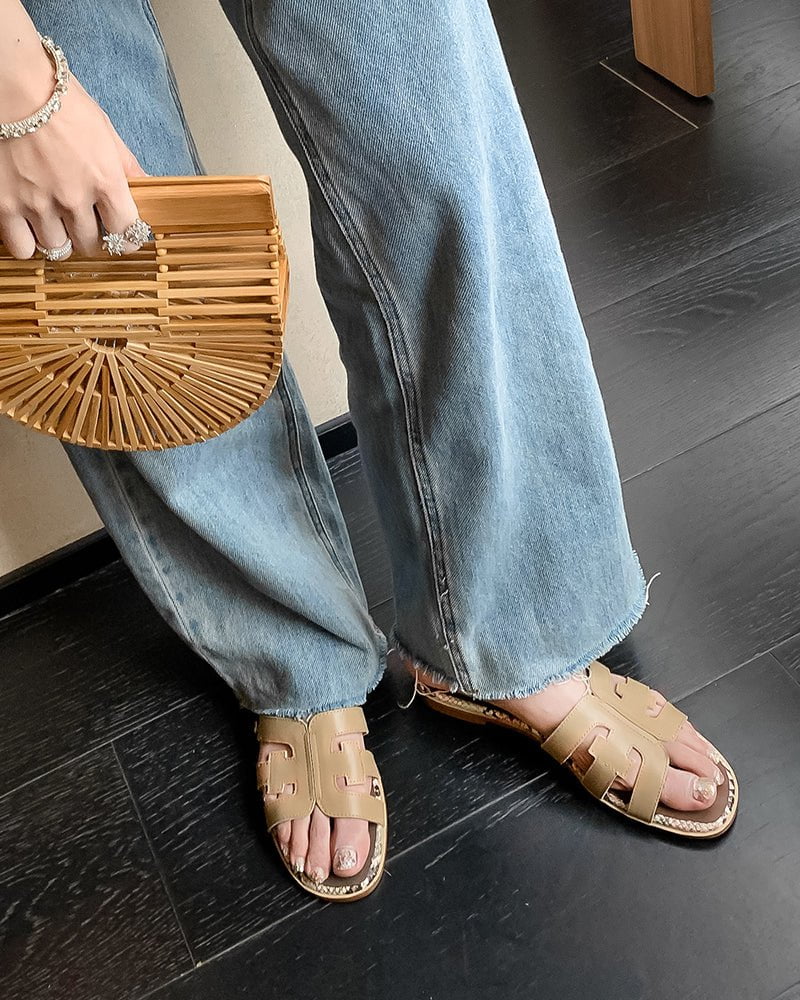 Cutout Strap Leather Flat  Slip-On Slide Sandals