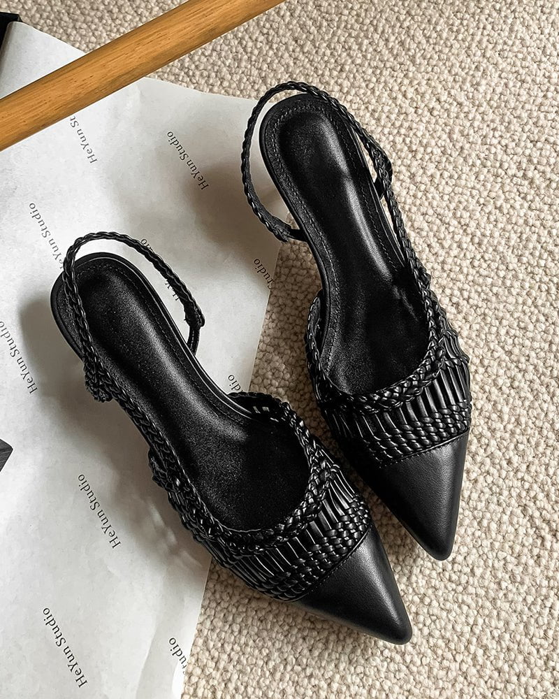 Woven Rattan Mesh Design Slingback Kitten Heel Sandals