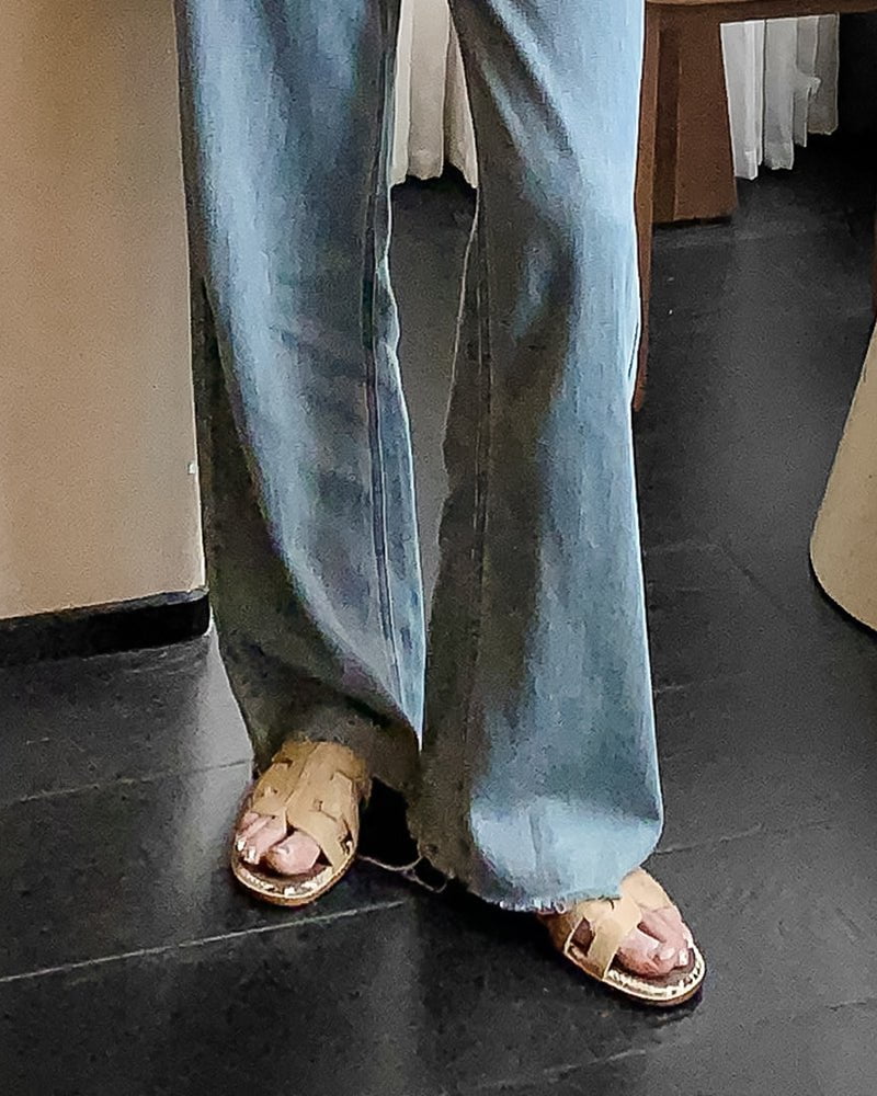 Cutout Strap Leather Flat  Slip-On Slide Sandals