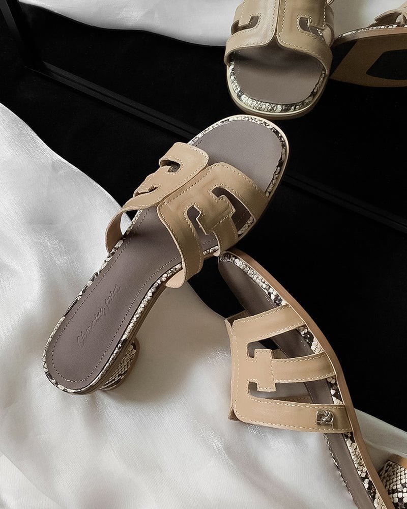 Cutout Strap Leather Mid Block Heel Slide Sandals