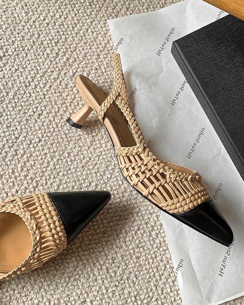 Woven Rattan Mesh Design Slingback Kitten Heel Sandals