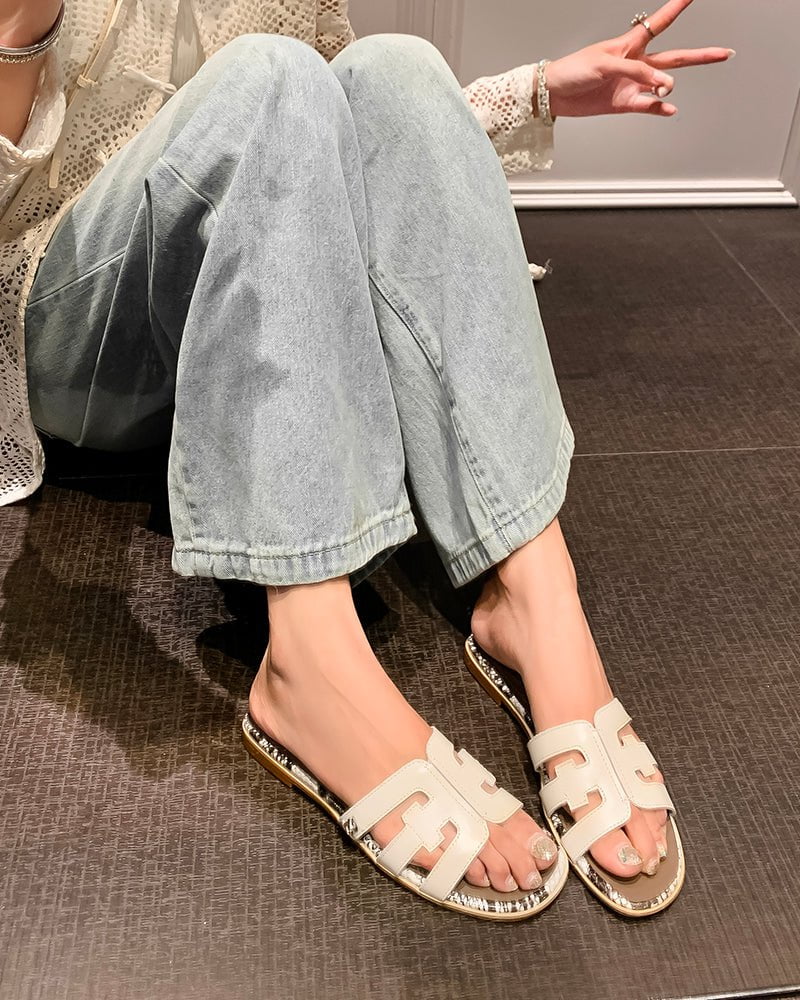 Cutout Strap Leather Flat  Slip-On Slide Sandals