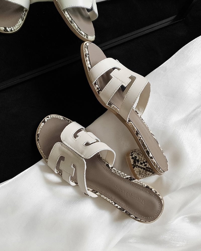 Cutout Strap Leather Mid Block Heel Slide Sandals