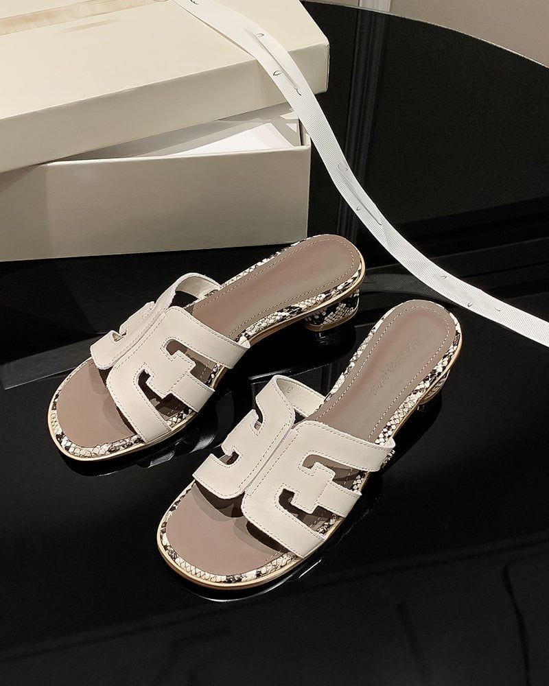 Cutout Strap Leather Mid Block Heel Slide Sandals