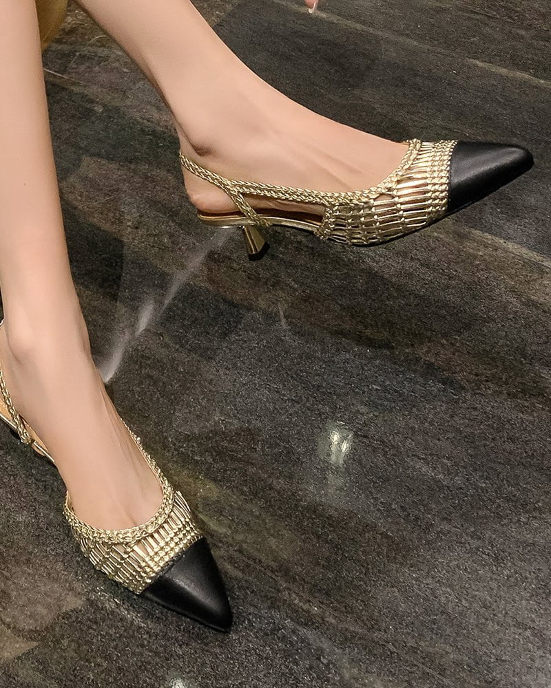 Woven Rattan Mesh Design Slingback Kitten Heel Sandals
