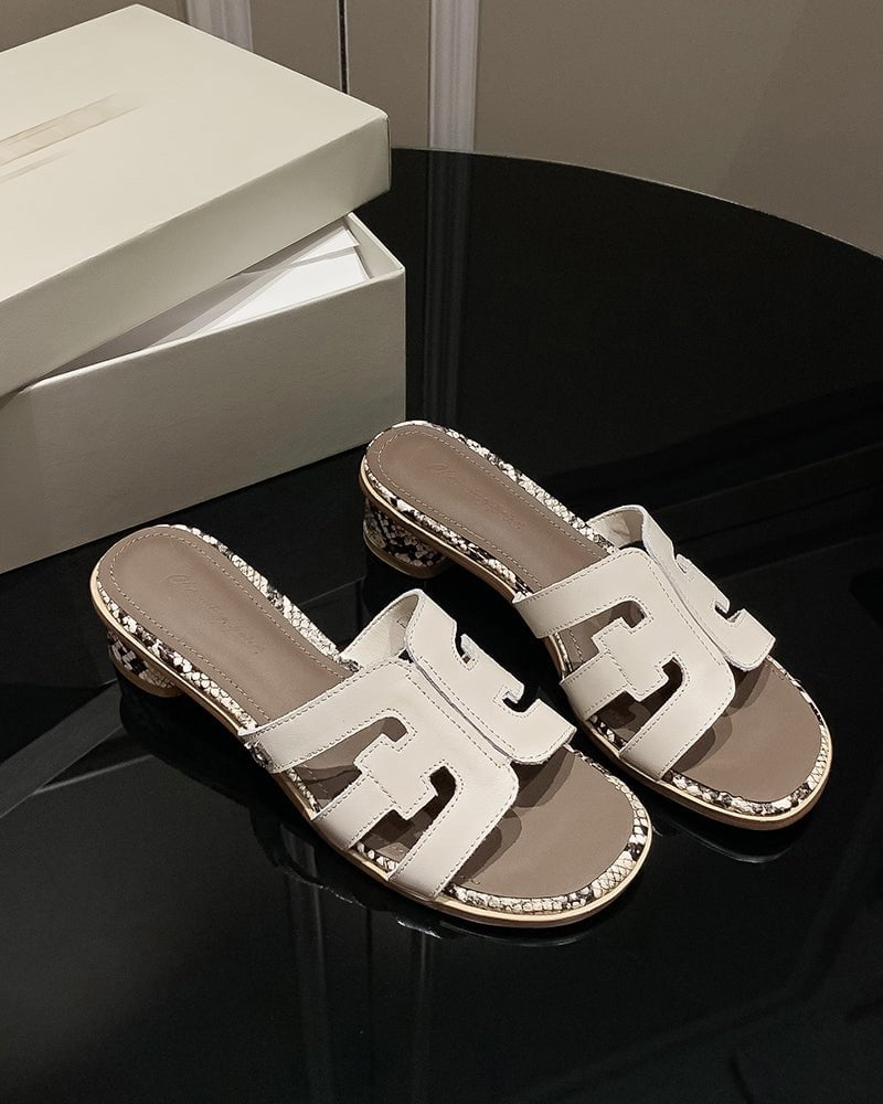 Cutout Strap Leather Mid Block Heel Slide Sandals