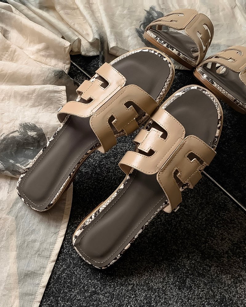 Cutout Strap Leather Flat  Slip-On Slide Sandals