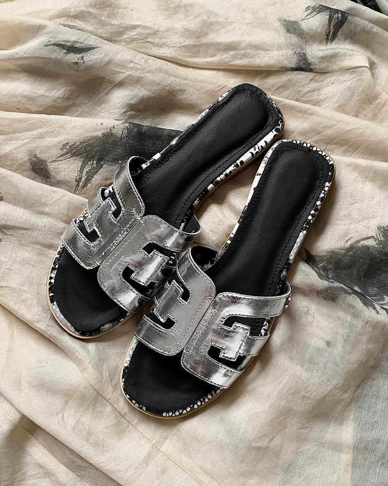 Cutout Strap Leather Flat  Slip-On Slide Sandals