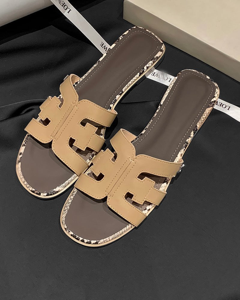 Cutout Strap Leather Flat  Slip-On Slide Sandals