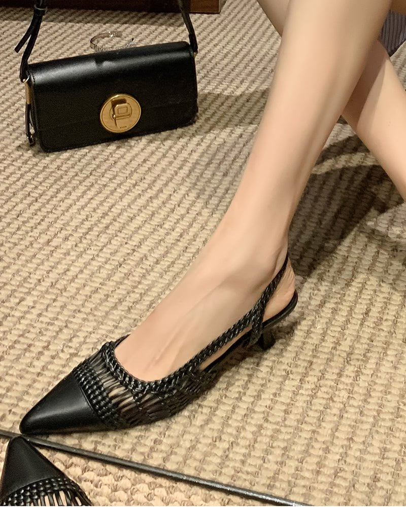 Woven Rattan Mesh Design Slingback Kitten Heel Sandals