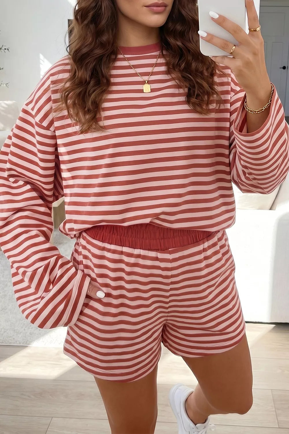 Stripe Relaxed Long Sleeve Top Contrast Elastic Waistband Short Set Secondary image