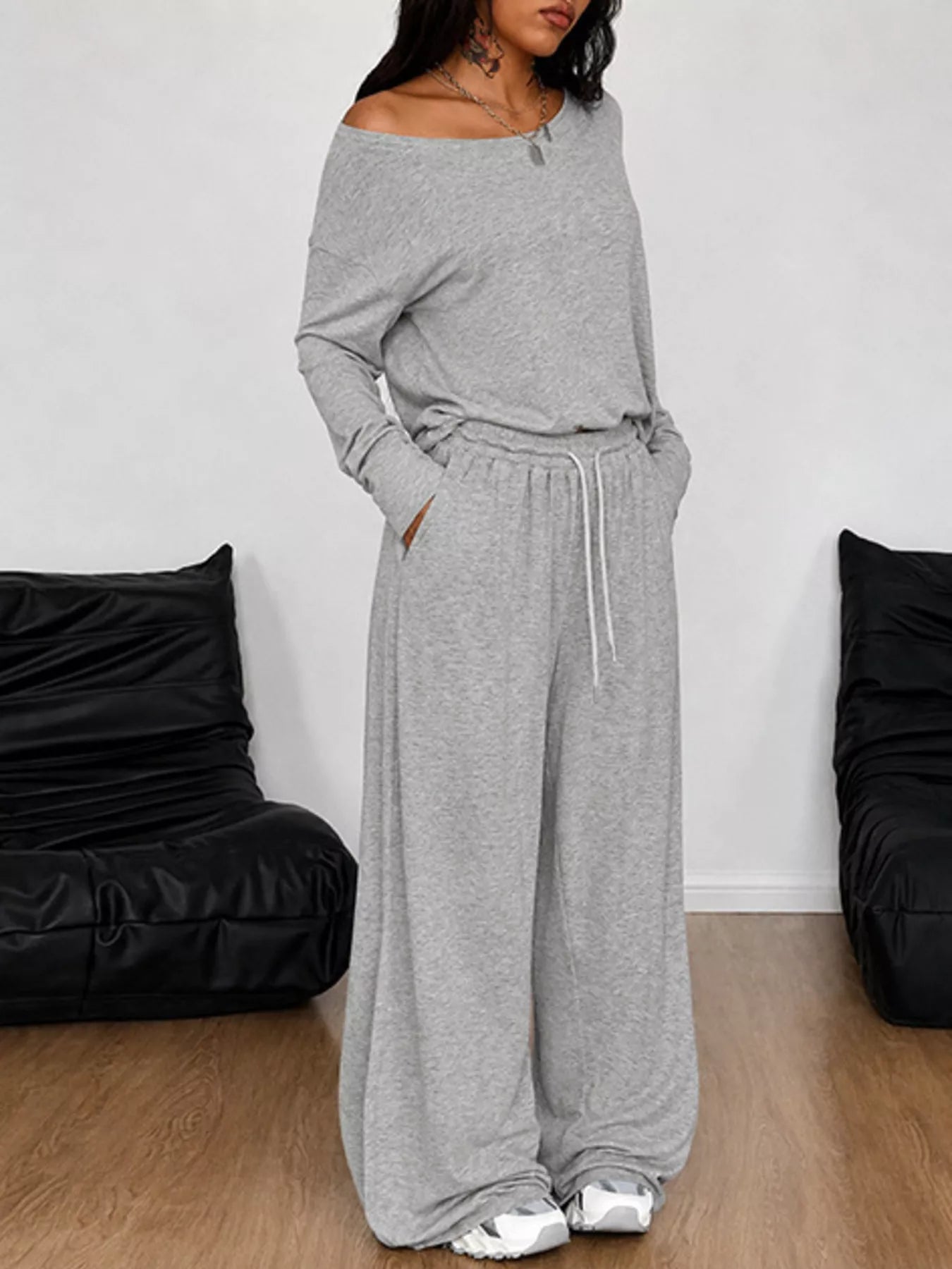 Boat Neck Long Sleeve Top and Wide-Leg Pants Set Secondary image