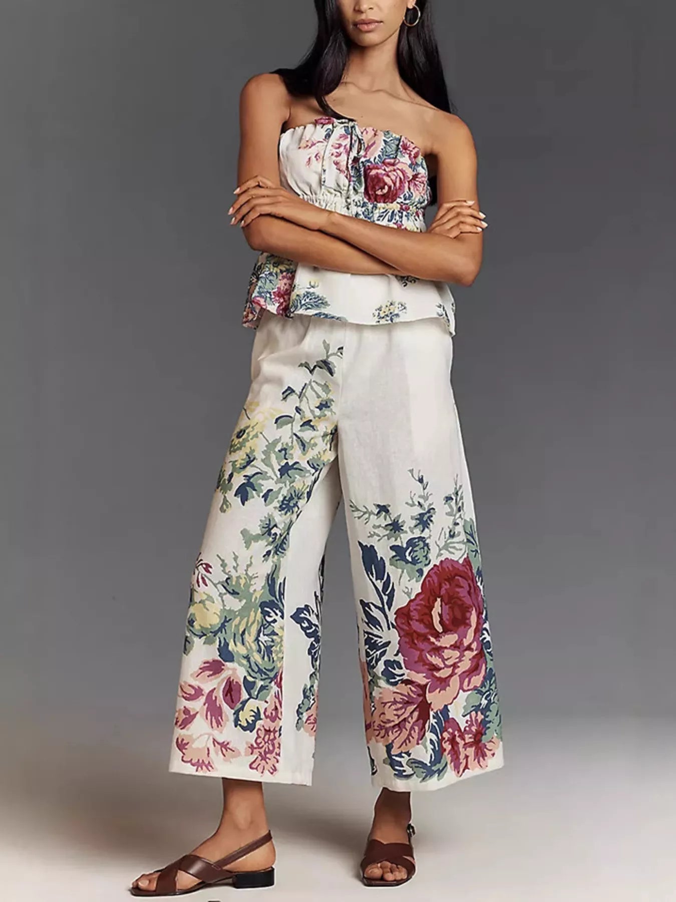 Floral Print Strapless Top and Wide-Leg Pants Set Secondary image