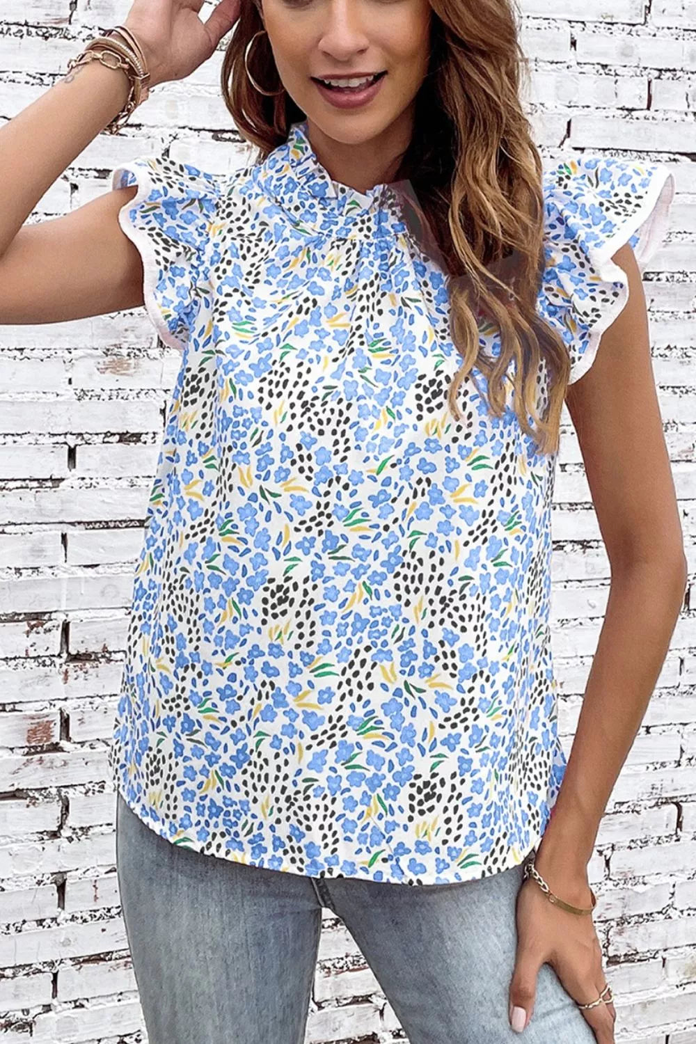 Abstract Print High Neck Flutter Sleeves Top Secondary image