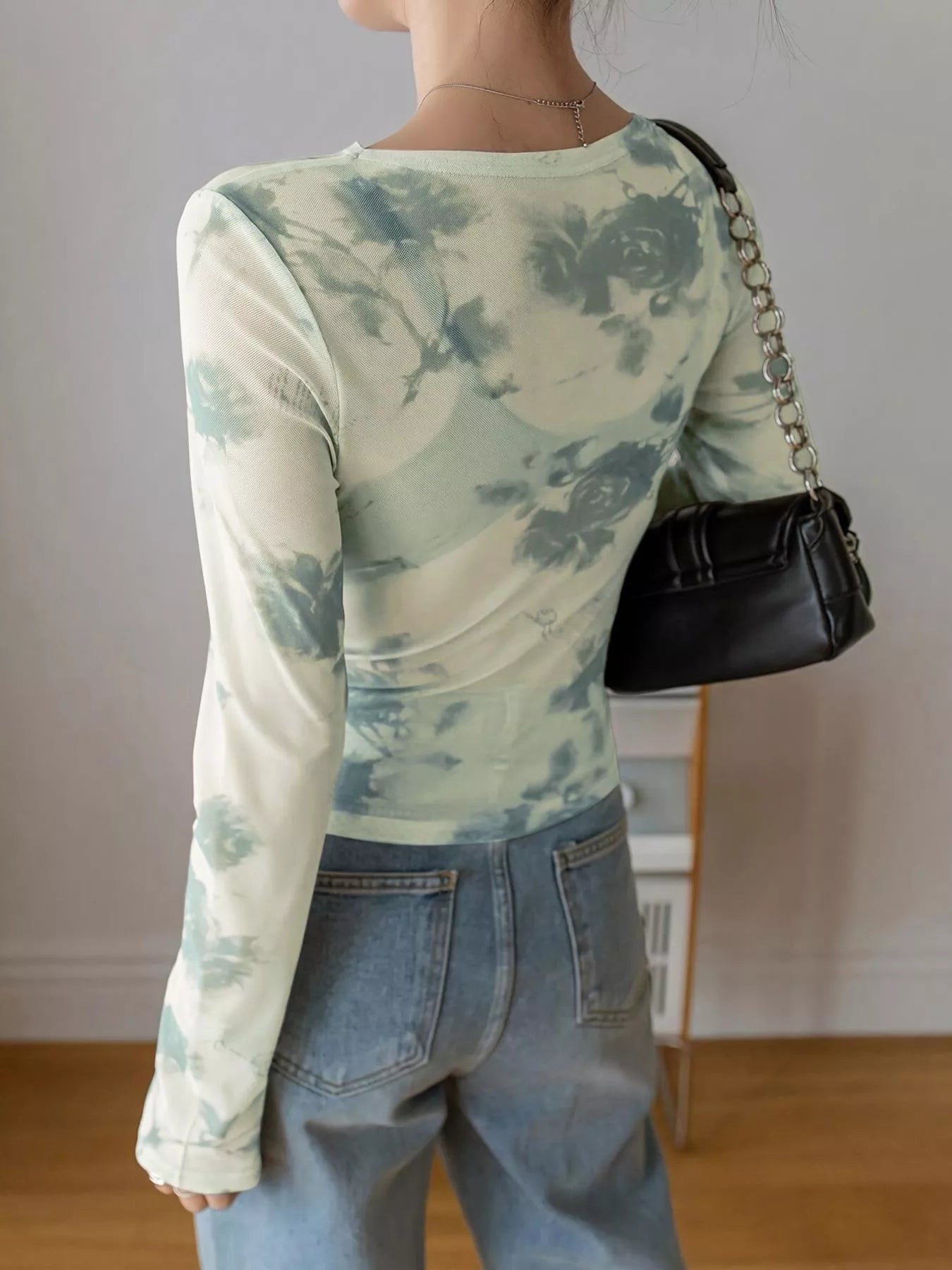 Floral Print Sheer Mesh Long Sleeve T-Shirt Secondary image