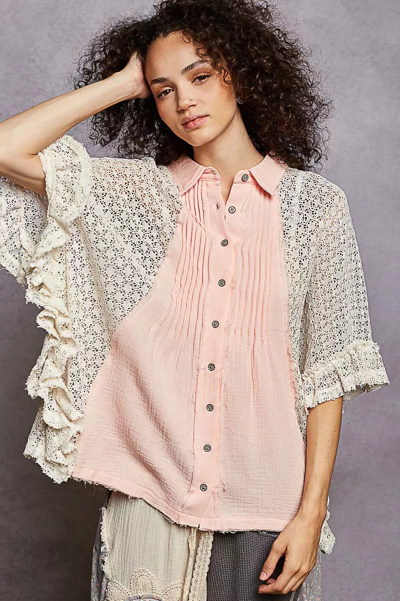 POL Button Down Front Pleated Shirt with Crochet Patch Secondary image