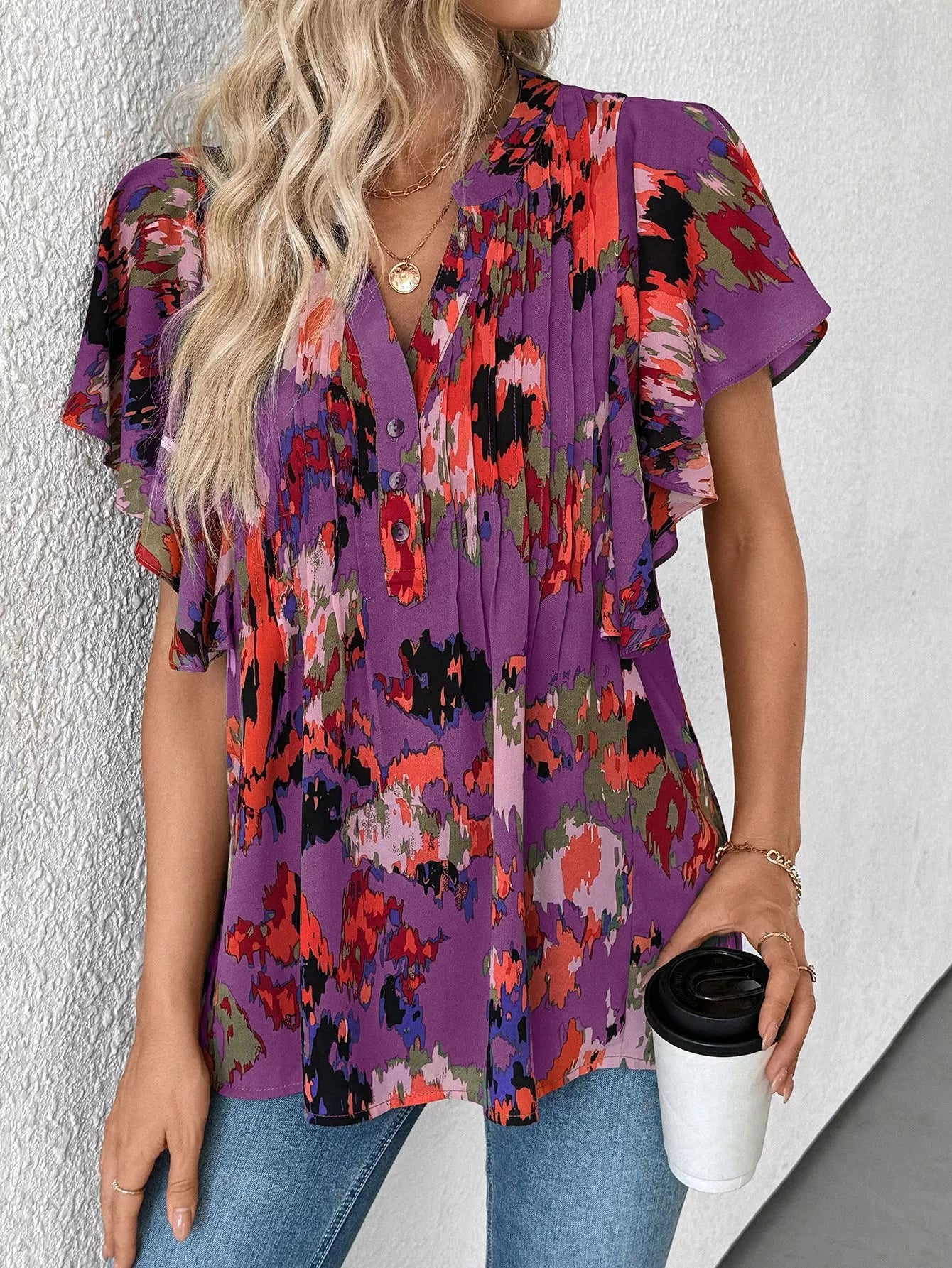 Abstract Print Flutter Sleeve Blouse Secondary image
