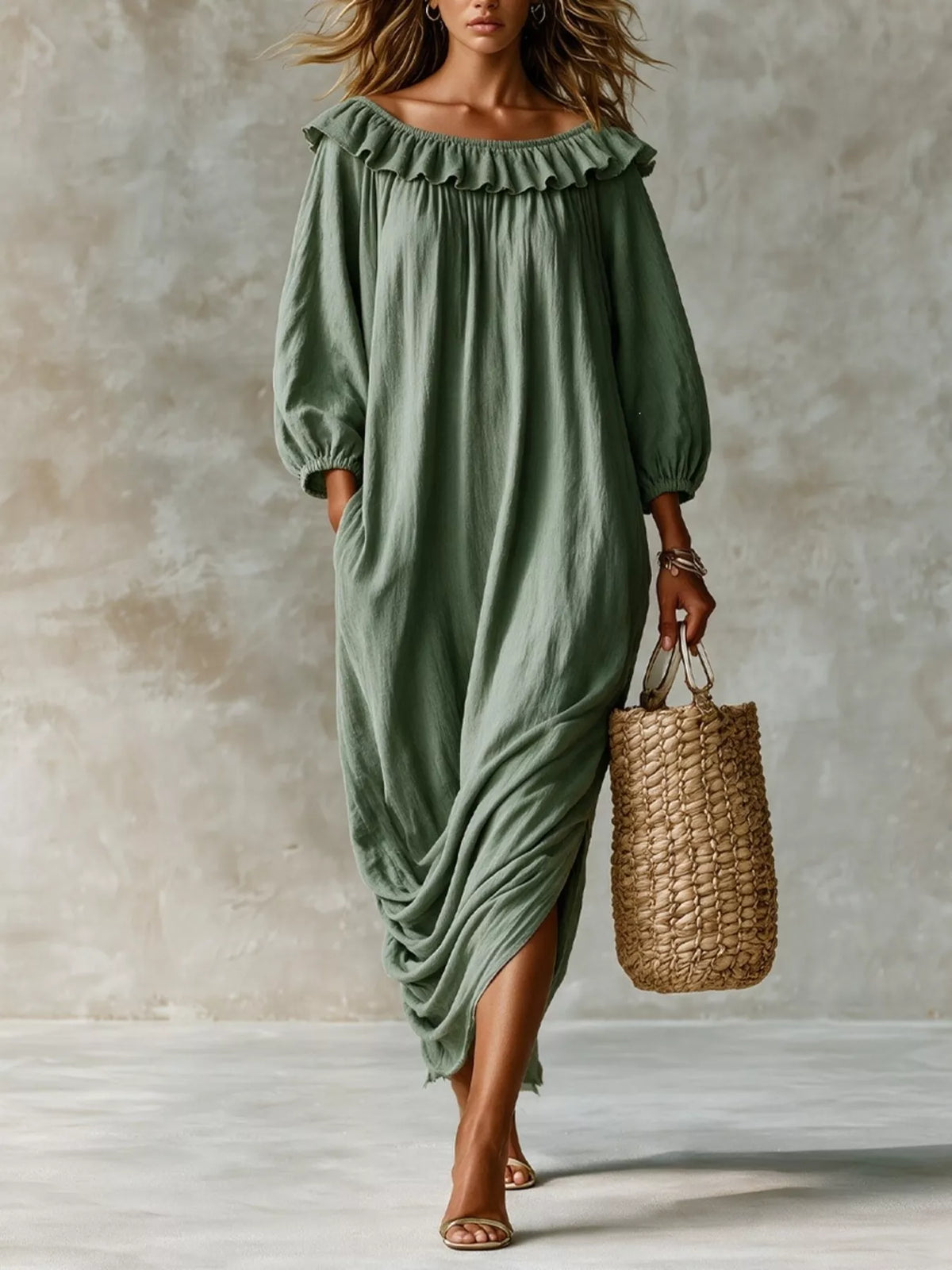Ruffled Boat Neck Ruched Midi Dress - photo 7