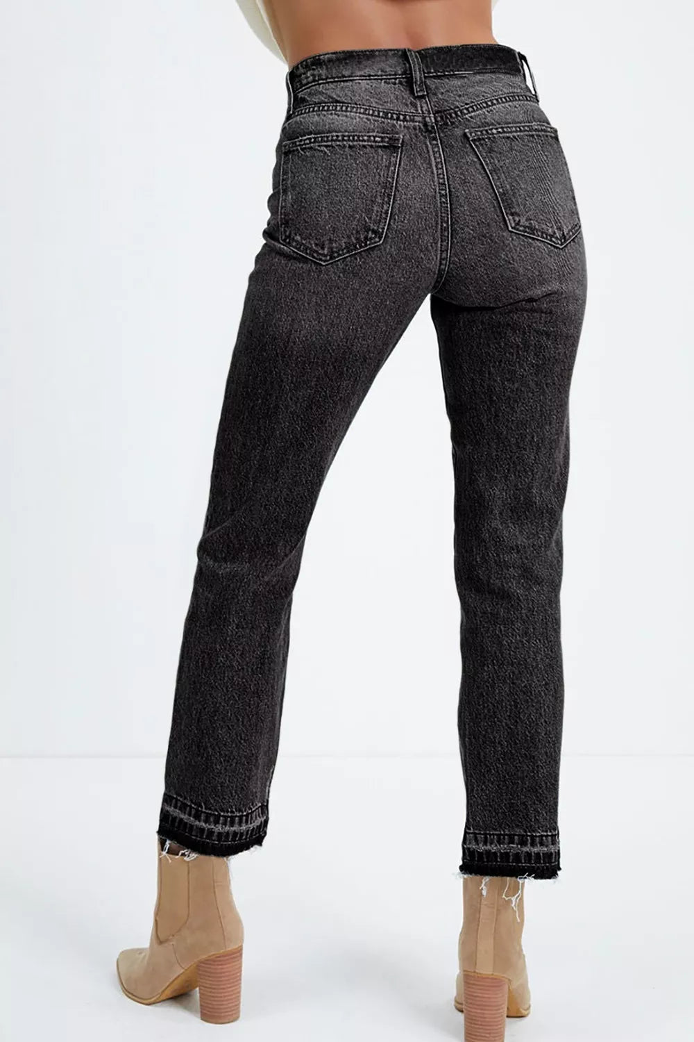 High-Waisted Distressed Hem Straight Leg Jeans Secondary image