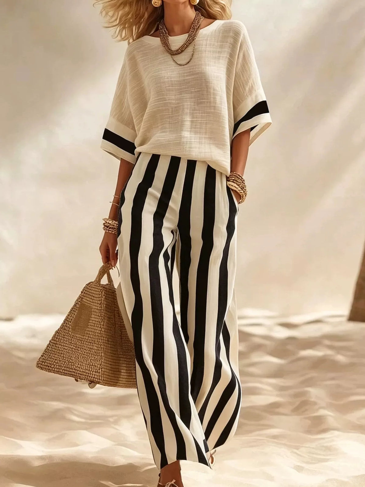 Full Size Striped Half Sleeve Top and Pants Set Plus Size - photo 4