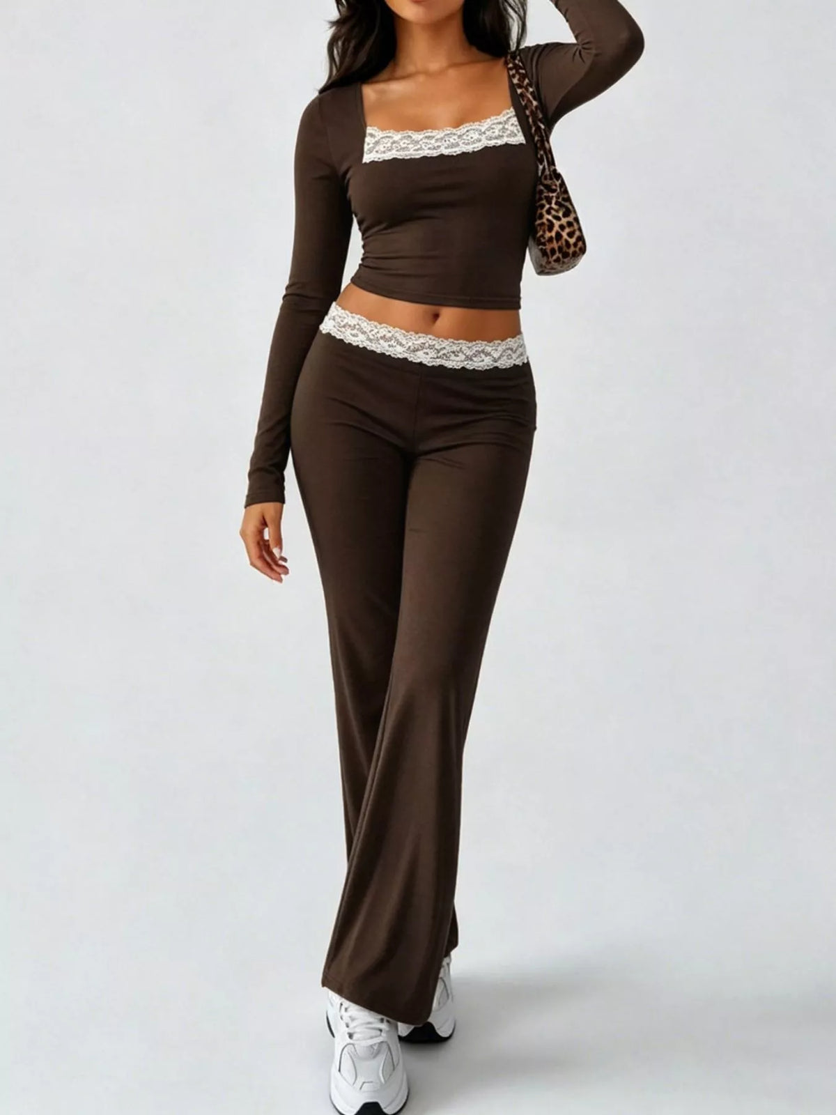 Long Sleeve Lace Trim Crop Top and Wide Leg Pants Set - photo 3