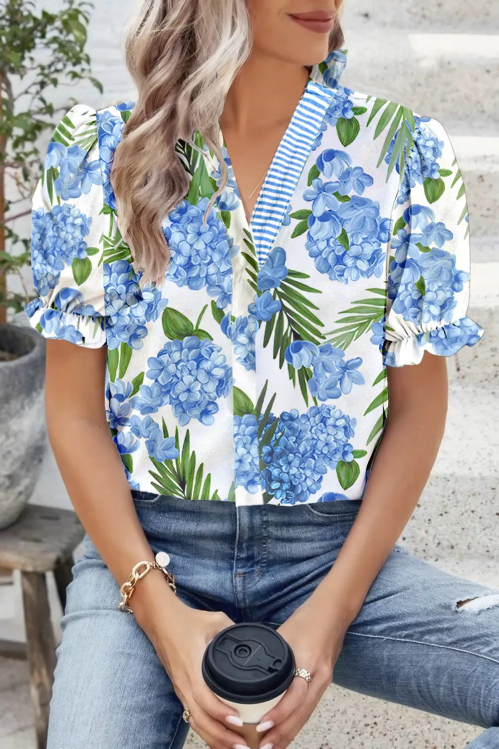 Palm Floral Print Striped Patchwork V Neck Short Sleeve Blouse Secondary image