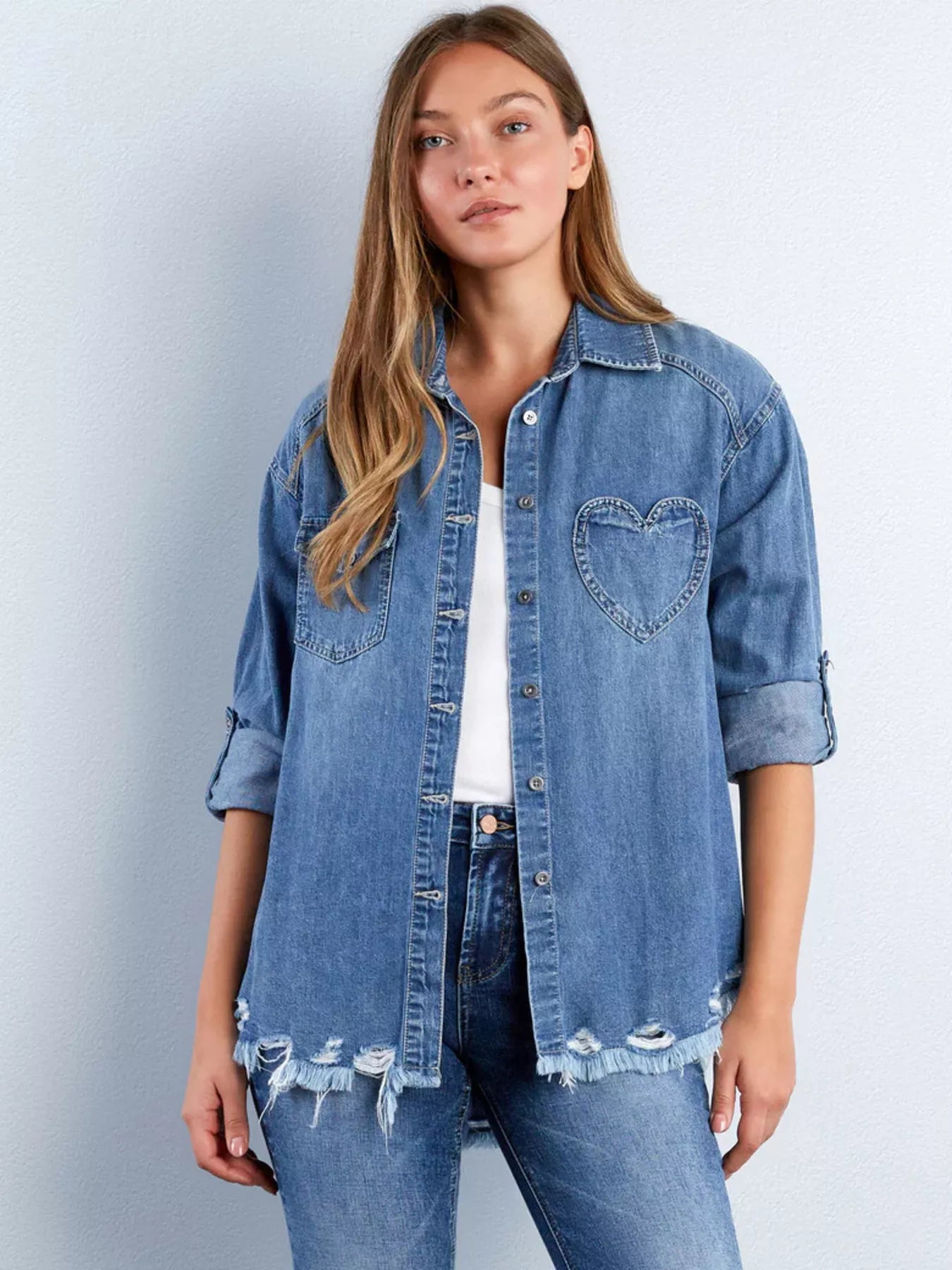 Frayed Hem Roll-Up Sleeve Denim Shirt Secondary image