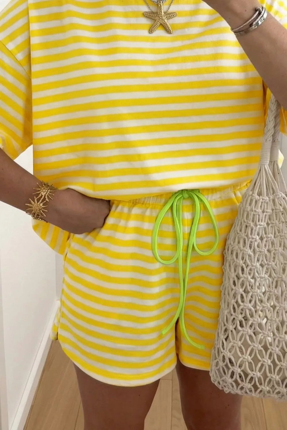 Stripe Contrast Neck Loose Tee and Drawstring Shorts Set Secondary image