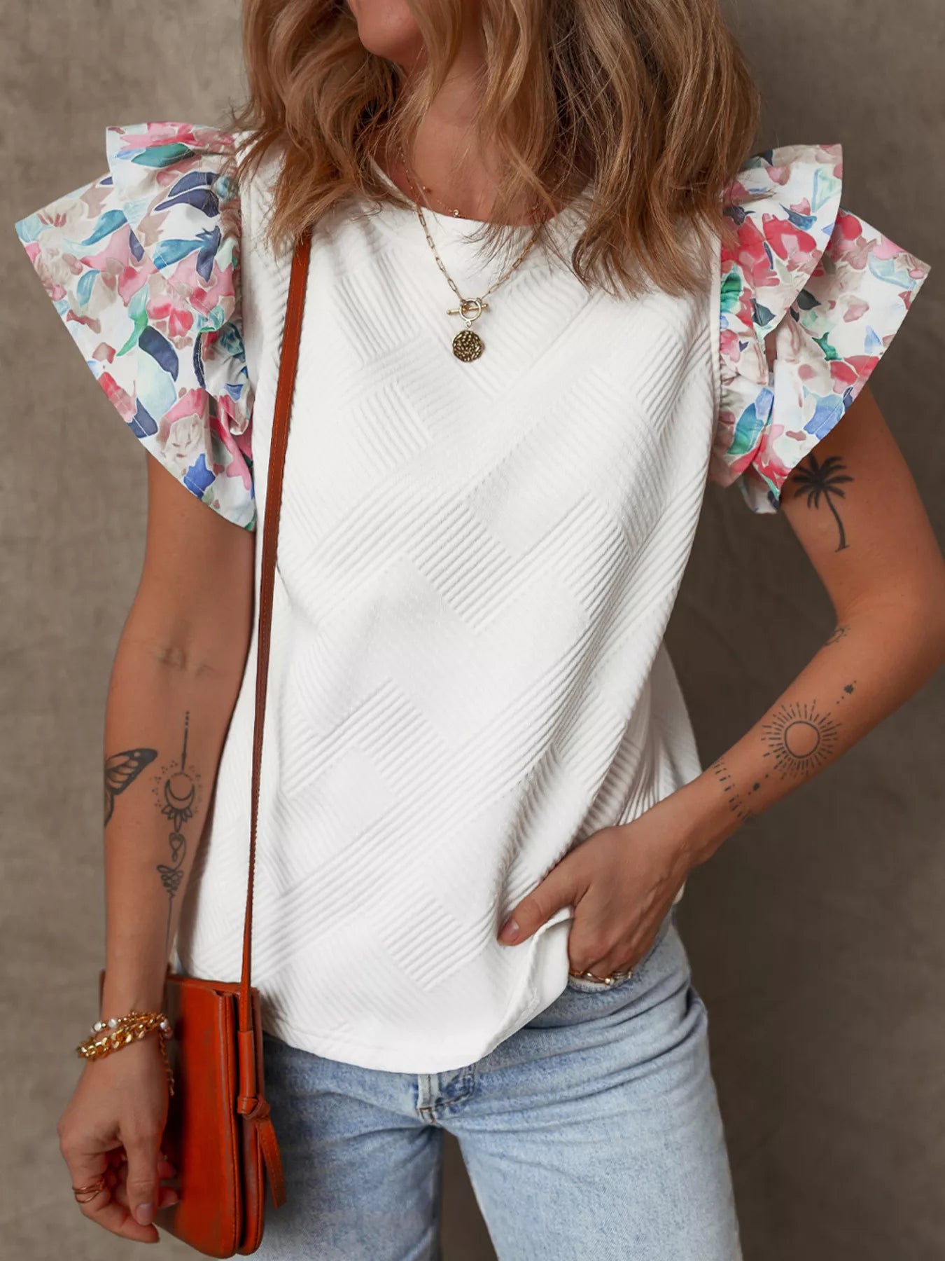 Abstract Print Tiered Ruffled Sleeve Textured Knit Top Secondary image