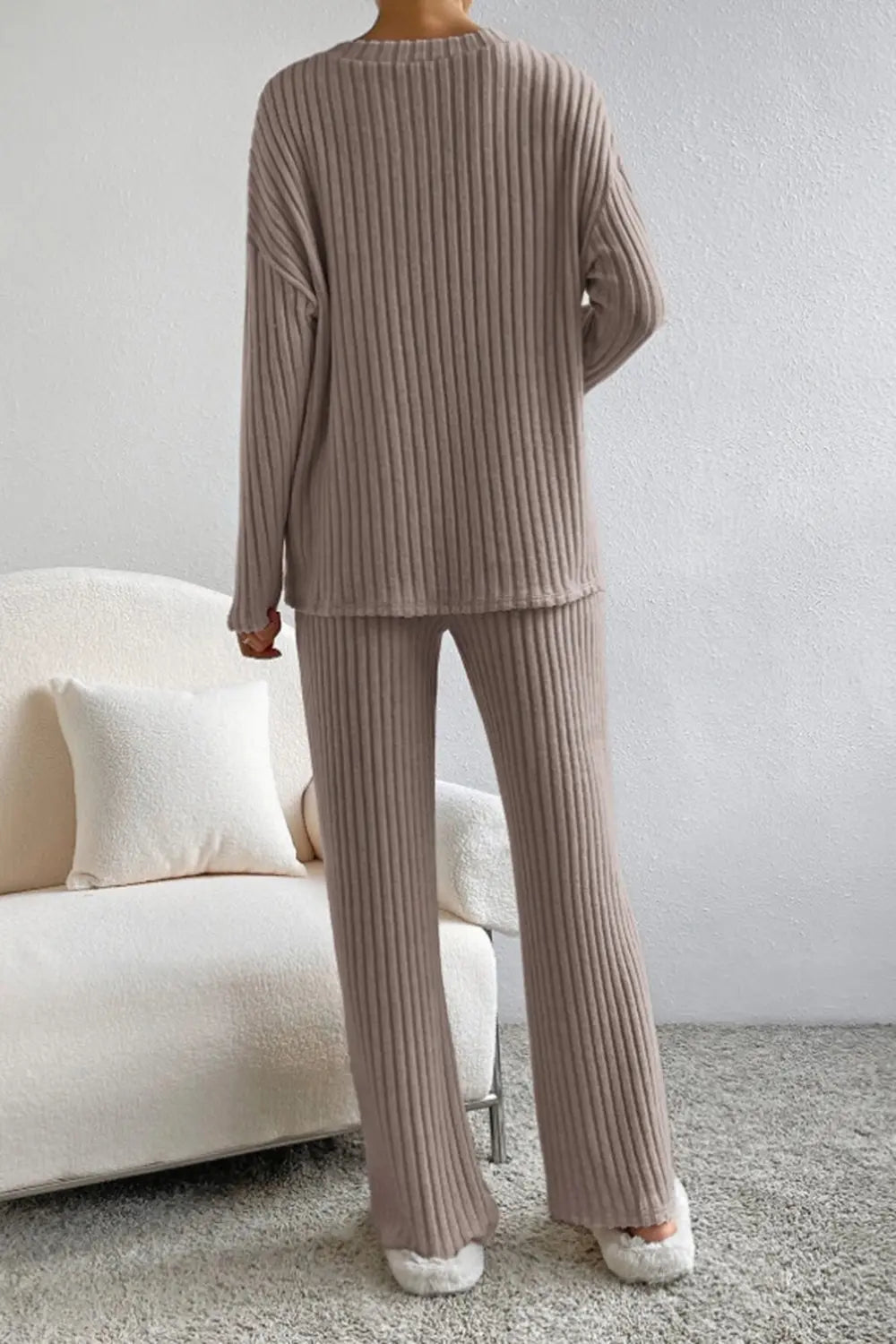 Ribbed V-Neck Top and Pants Set Secondary image