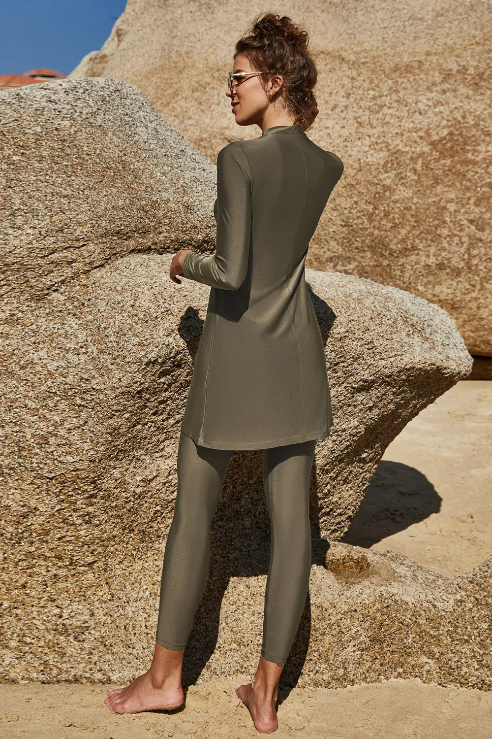 Slit Mock Neck Long Sleeve Top and Pants Swim Set Secondary image