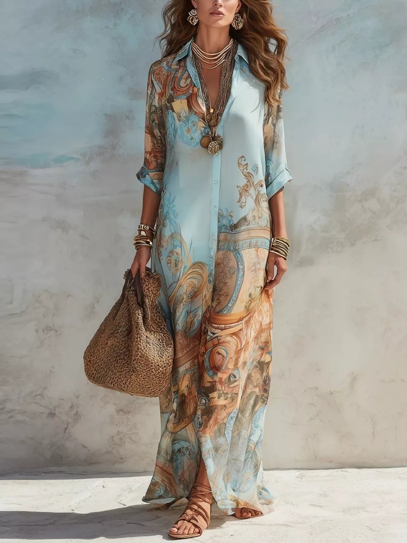 Full Size Printed Button Down Roll-Up Sleeve Shirt Maxi Dress Plus Size Secondary image