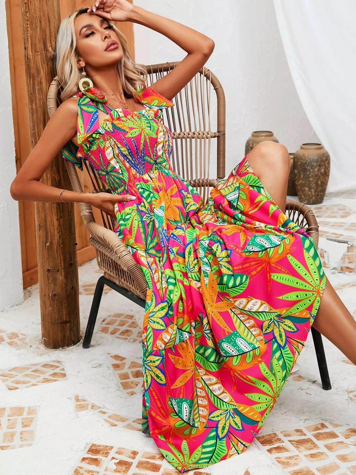 Tropical Print Smocked Tie-Strap Dress Secondary image