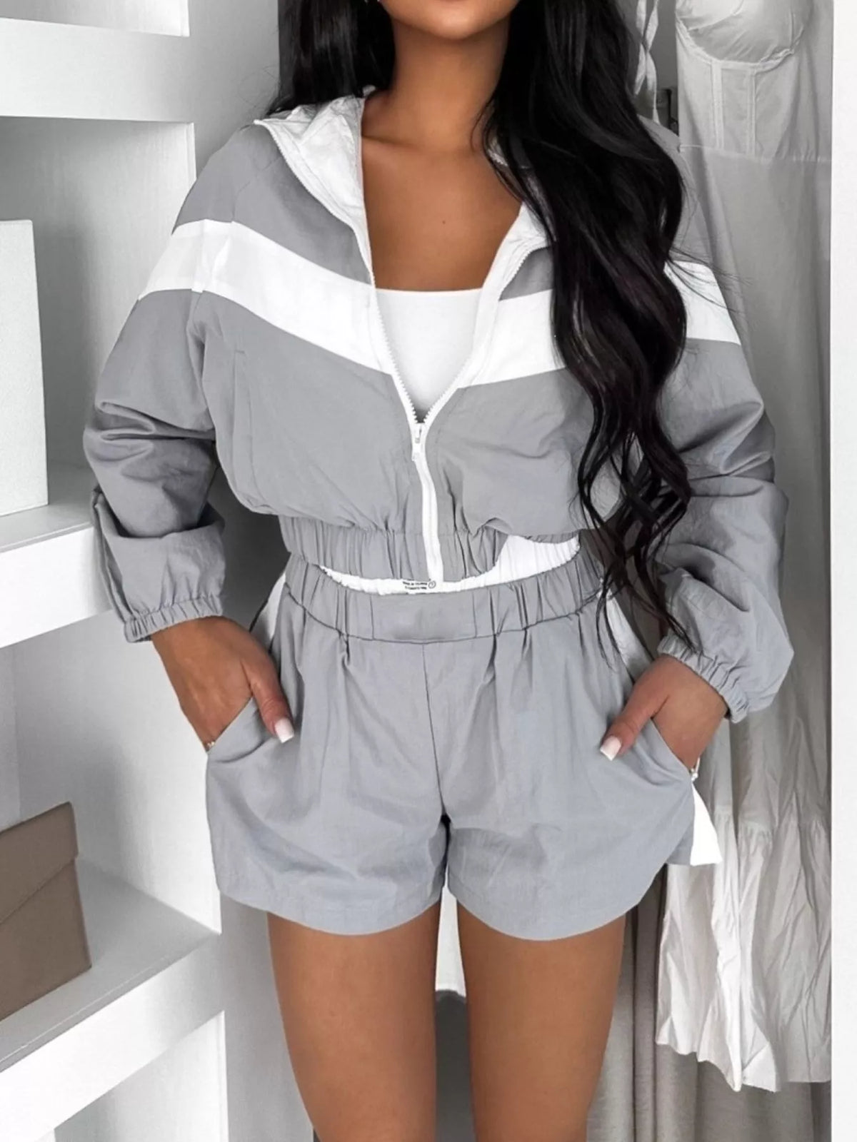 Color Block Zip-Up Jacket and Shorts Two-Piece Set - photo 9