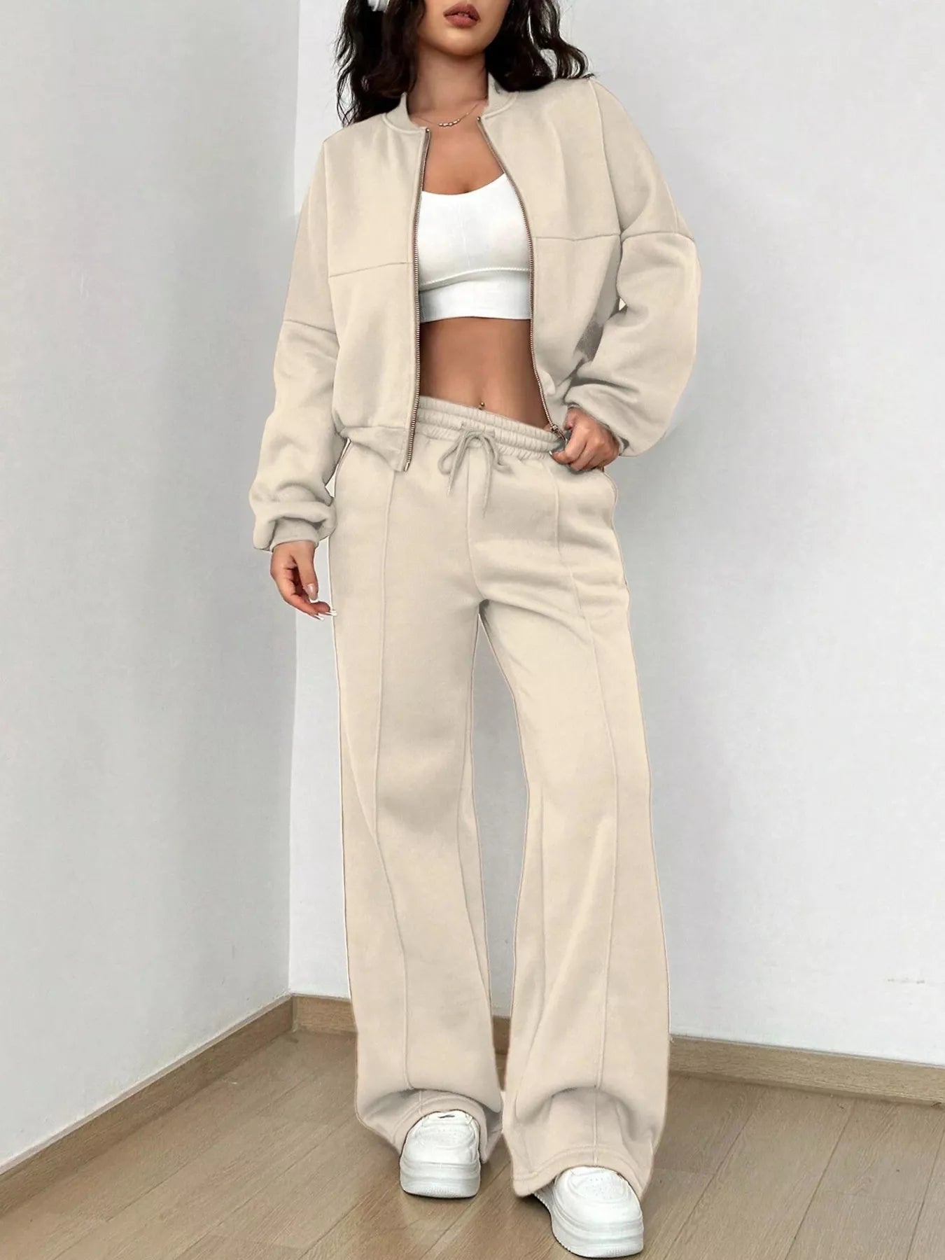 Casual Solid Color Zipper Jacket and Wide Leg Pants Set Secondary image