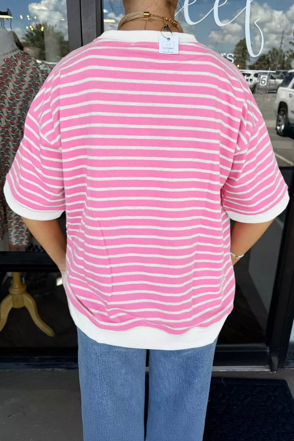 Stripe Round Neck Drop Shoulder Short Sleeve Loose Top Secondary image