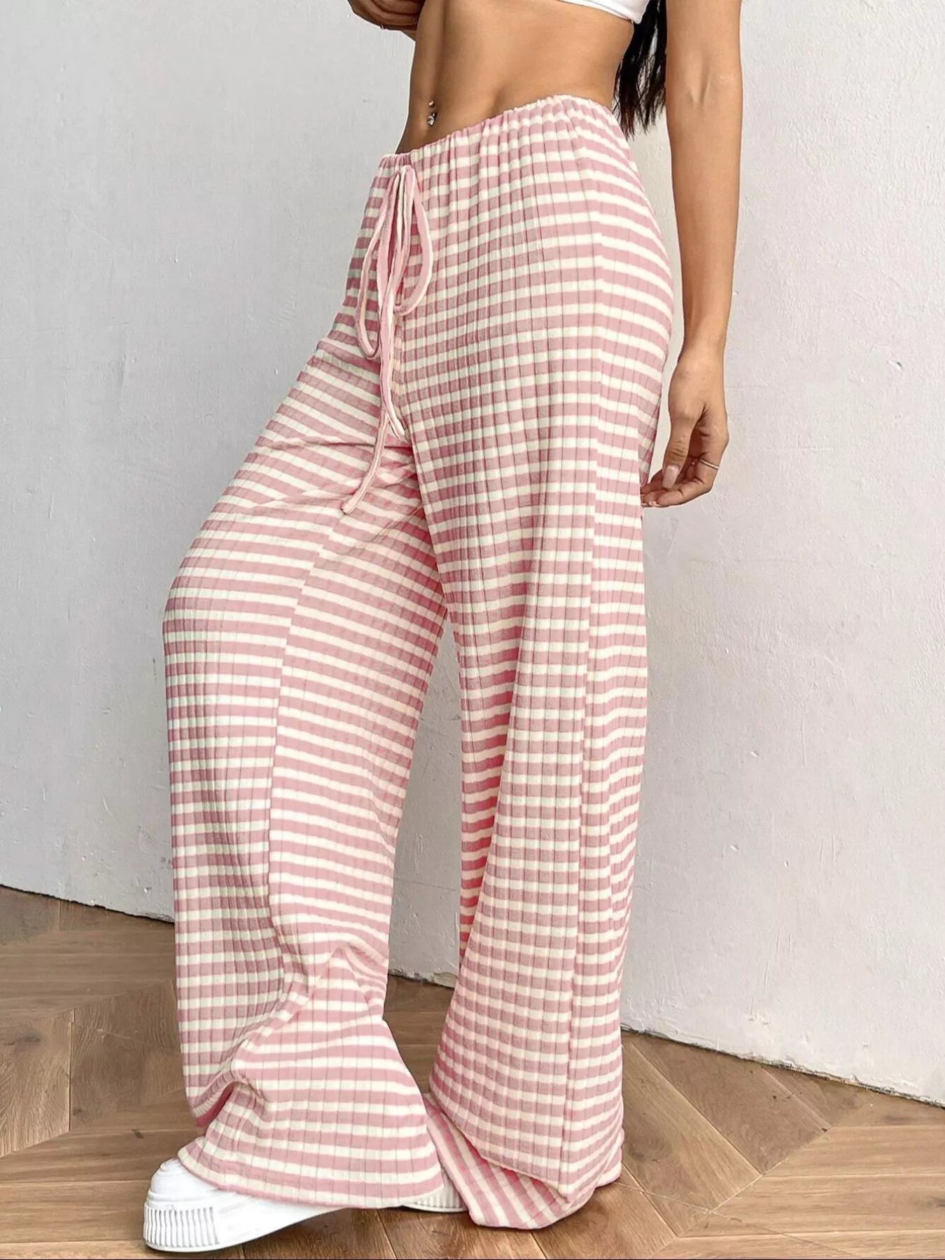 Striped Ribbed Knit Drawstring Waist Wide Leg Pants Secondary image