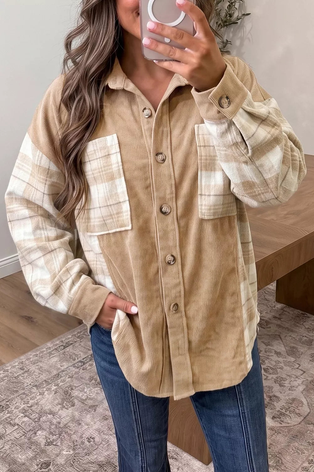 Plaid Colorblock Shirt Collar Shift Shacket Secondary image