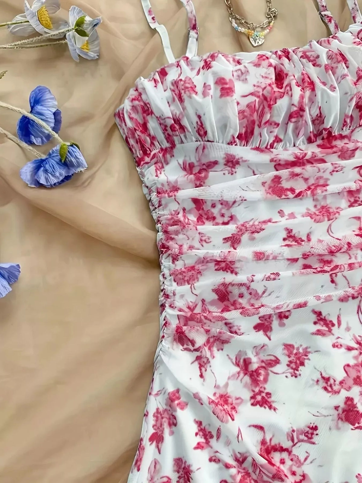 Floral Ruched Spaghetti Strap Mini Dress - photo 3