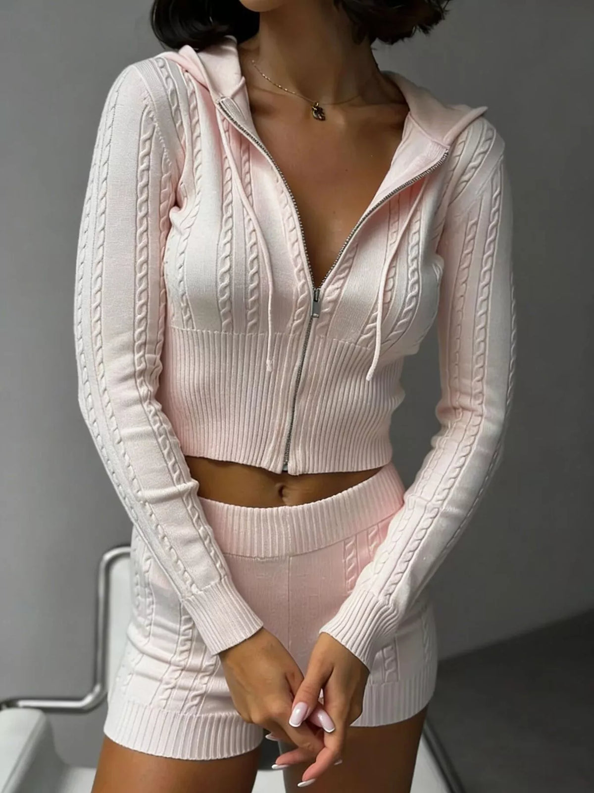 Cable Knit Zip-Up Hooded Top and Shorts Lounge Set - photo 5