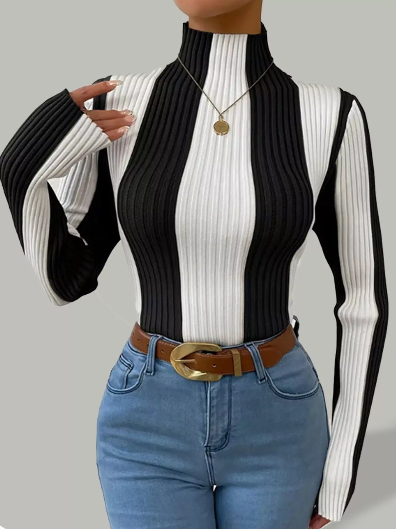 Color Block Turtleneck Ribbed Knit Top Secondary image